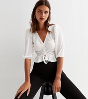 New Look Cream Ribbed Ruched Tie Front Crop Top